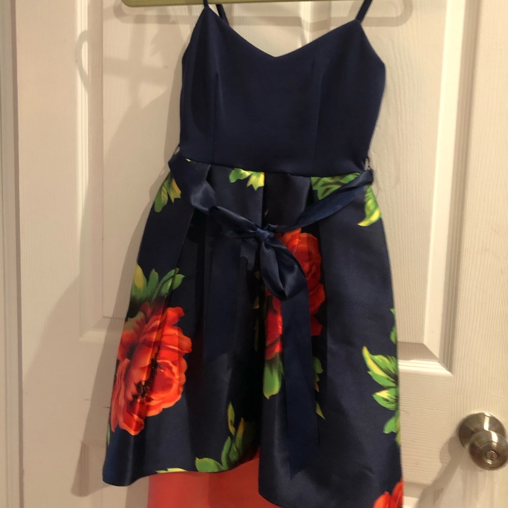 TeezeMe high low dress blue with beautiful orange flowers size 0
